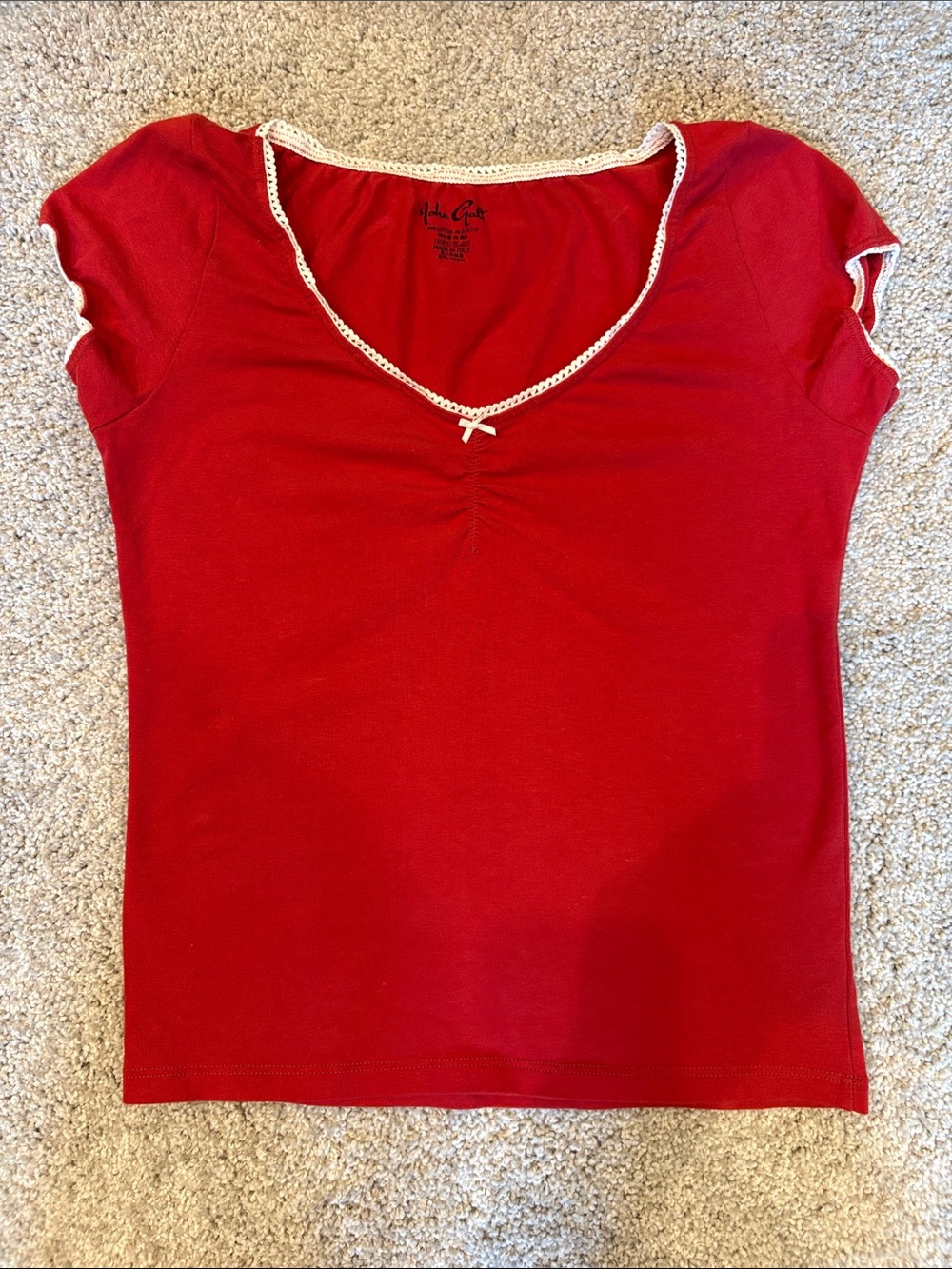 John Galt Brandy Melville Red Baby Tee Lace Trim V-Neck One Size